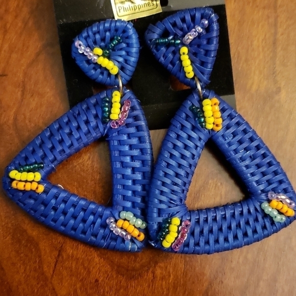 Blue & Yellow Woven & Beaded Triangle Earrings New - Picture 7 of 7